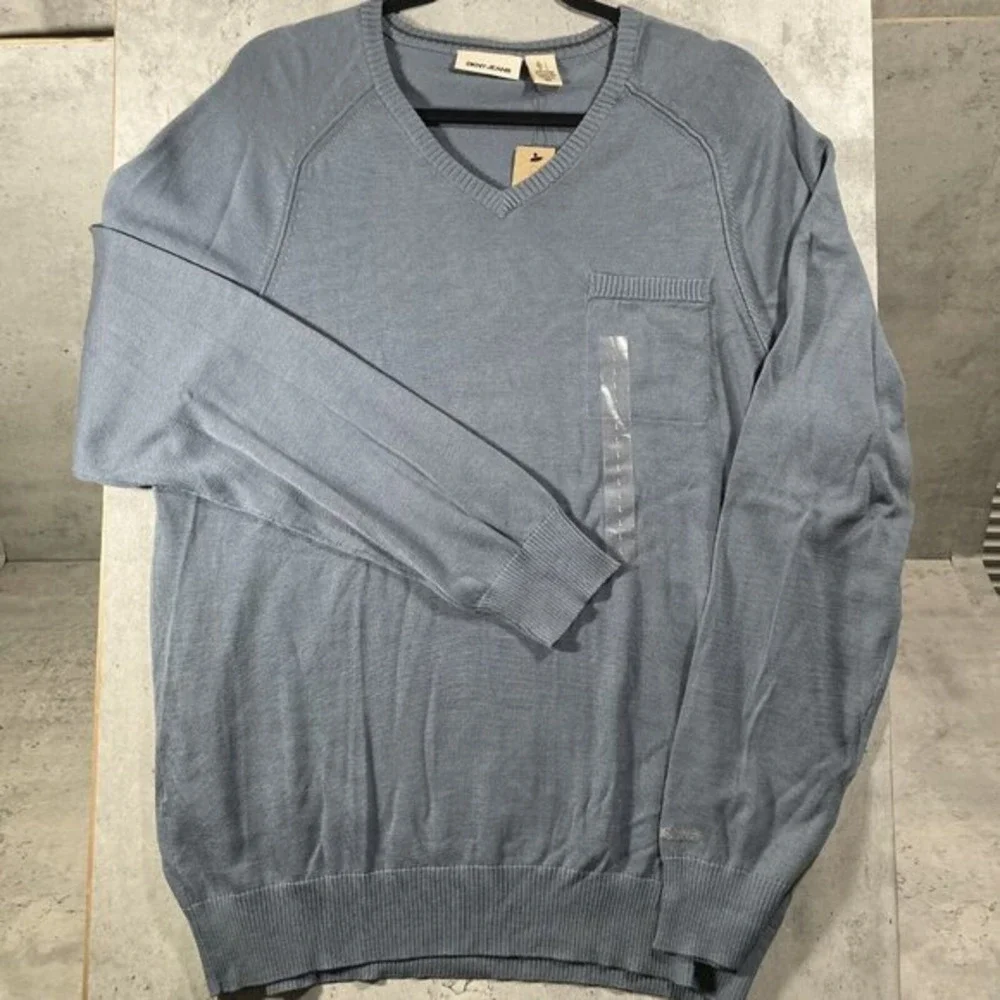 DKNY JEANS Mens Cotton Grey Blue Long Sleeve V‎ Neck Soft Sweater Size L NWT